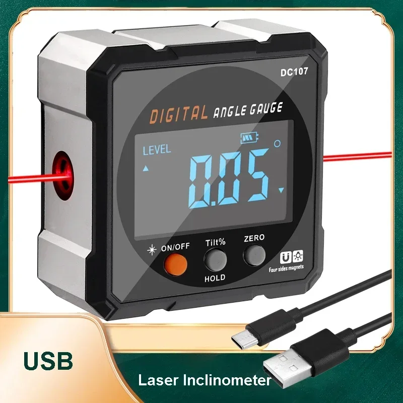 USB Chargable Inclinometer Magnetic Base Goniometer Magnet Tilt Tools Laser Digital Protractor Inclinometer Laser Level Ruler