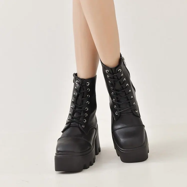 Women's Gothic Platform Boots, Punk High Heel Booties With Chain & Rivet Decoration, Black Motorcycle Boots_voghion.com