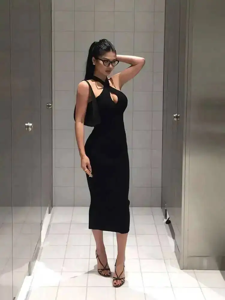 مثير الساخن فتاة الصليب شنقا الرقبة محبوك فستان أنيق للنساء ربيع جديد عالية الخصر سليم الجوف خارج تنورة طويلة فستان SM8Y #4