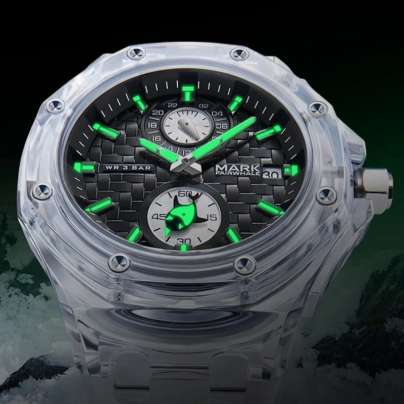 Mark Fairwhale Transparent Acrylic Case Men's Watch Quartz Luminous  Date Display Scilicone Sport wristwatch reloj hombore