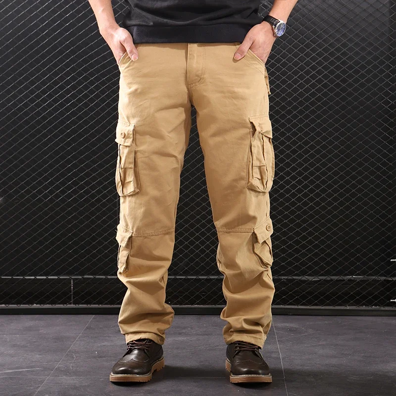 2024 New Men's Cargo Pants Fashion Multi-Pocket Cotton Overalls Combat Loose Slacks Trousers Man Army Green Straight Work Pants