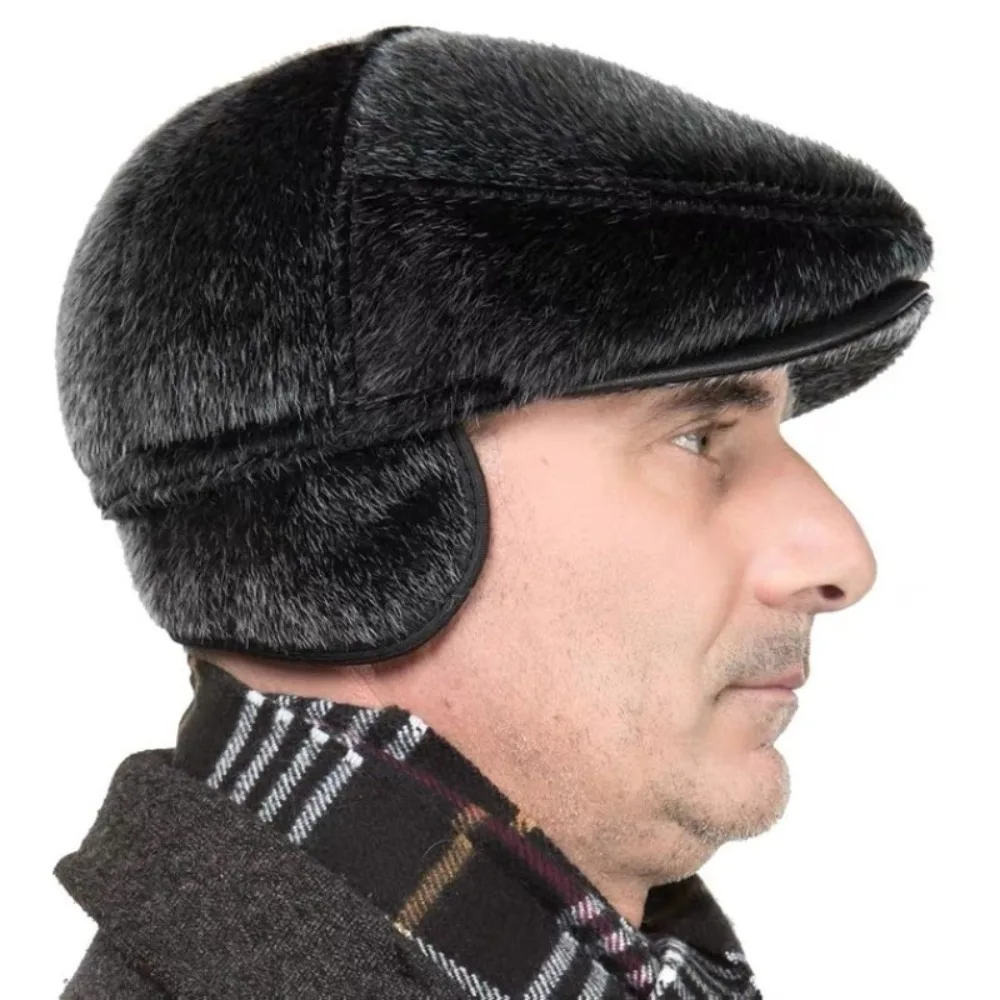 Faux Mink Fur Faux Mink Fur Beret Ear Flap Design Peaked Brim Flat Cap Thermal Lining Soft Fabric Winter Warm Hat Winter Season