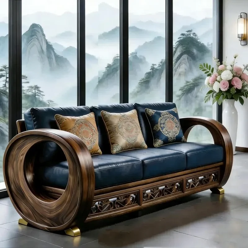 Classic New Chinese Style Solid Wood Living Room Sofas Blue Elegant Relax Corner Couch High-end Luxury Furniture Accessories
