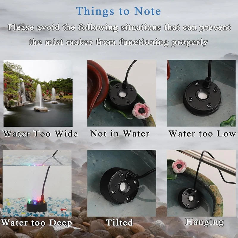 Mist Maker, Splash Guard Float USB Port 4 Color LED Lights Mini Mister Fog Machine, Fountain Water Fogger Atomizer