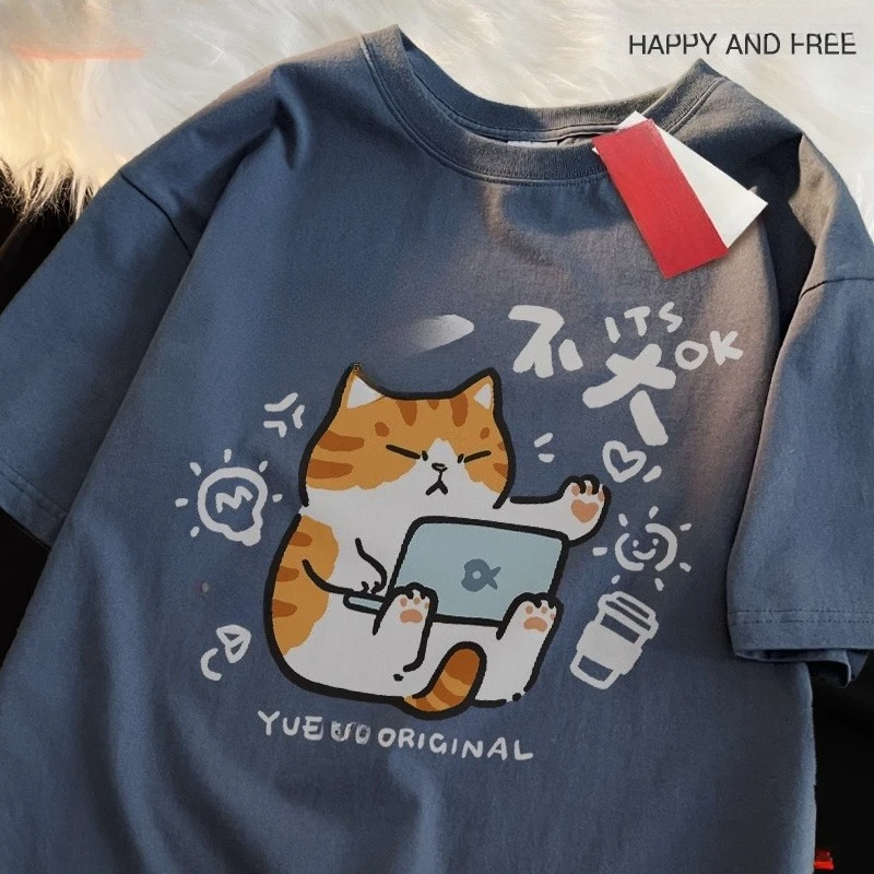 

Это не большая проблема, держится, не пникайте, футболка с короткими рукавами из чистого хлопка с оранжевым котом, мужская повседневная летняя футболка