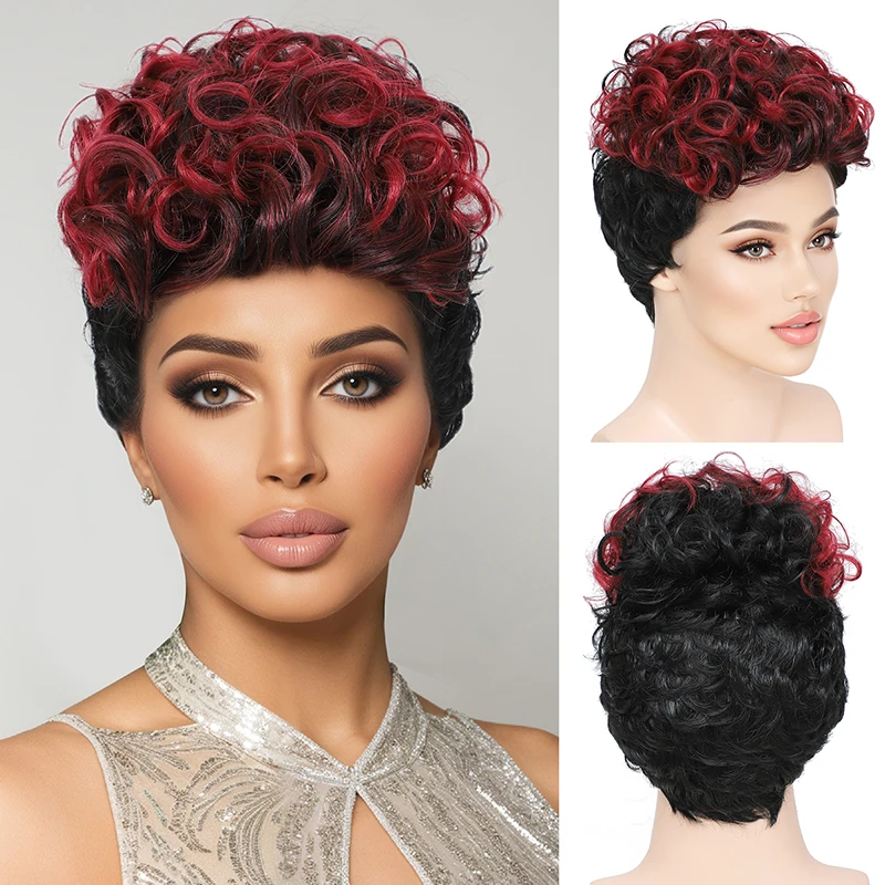 

Women Short Black black-red Curly Wigs Synthetic Hair Wigs for Black Synthetic fiber wig