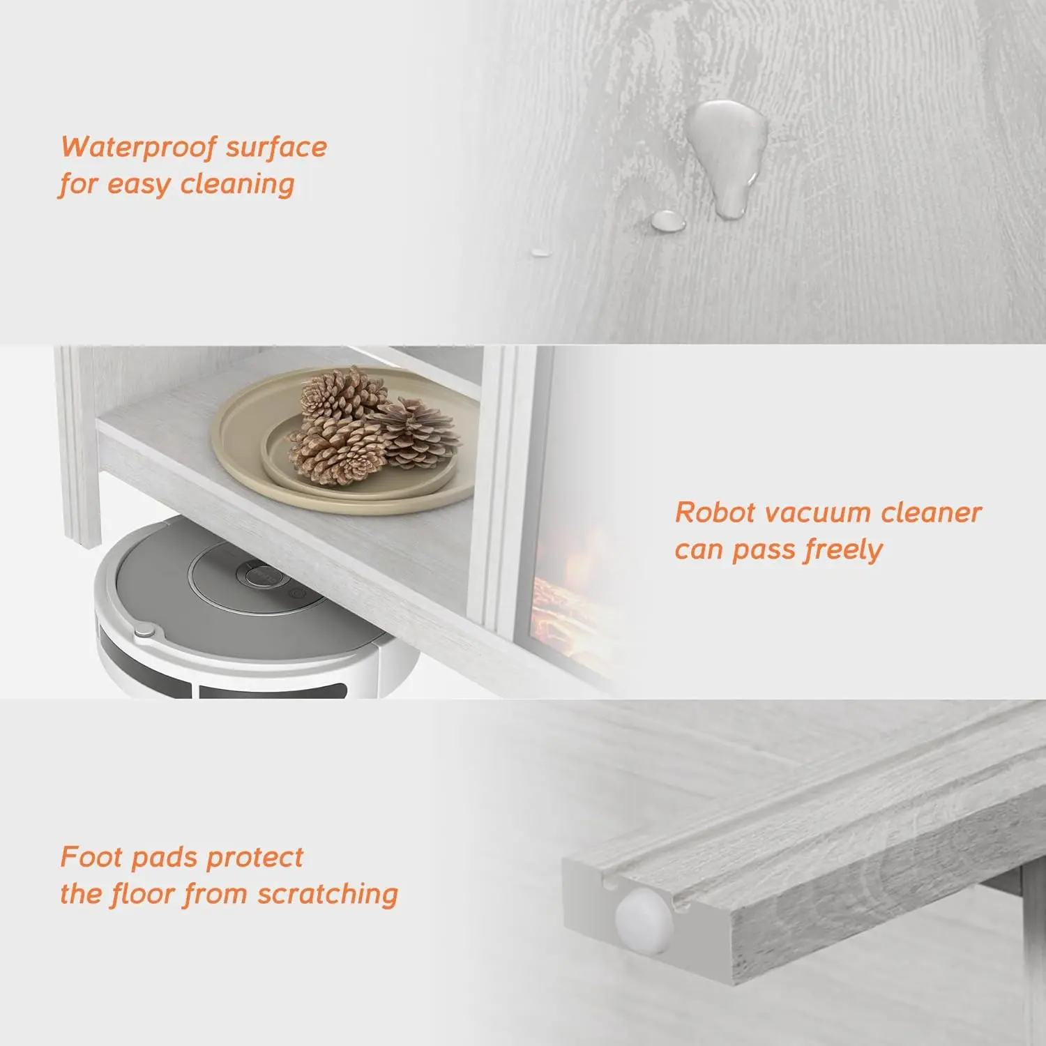 Suporte de tv com lareira elétrica para tv de 100 polegadas, mesa de console de tv branca para tv de 85 90 95 polegadas com inserção de lareira de 18 polegadas