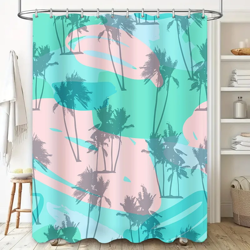 Vibrant Palm Tree Shower CurtainBeachy Turquoise Pink Pattern for Bathroom Decor Easy Clean Fabric with Hook Rings Set
