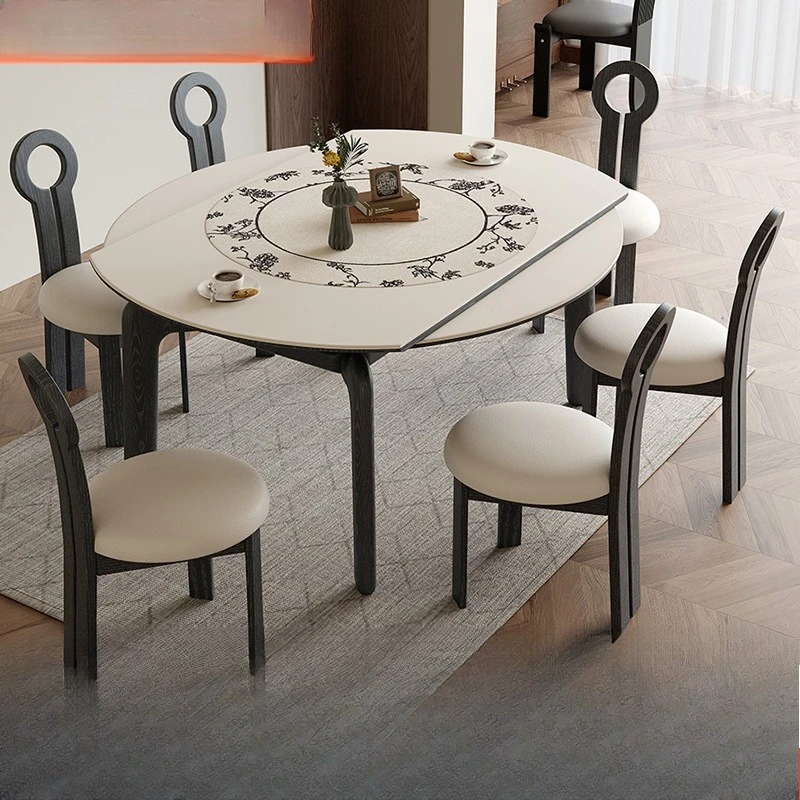 

French solid wood rock slab retractable dining table modern minimalist household ash wood medium and small apartment square and