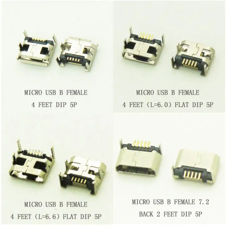 10PCS Micro USB Connector B Type Female Jack 5Pin Long Pin 4FEET DIP FLAT/WARPED MOUTH L=6.0/6.6mm