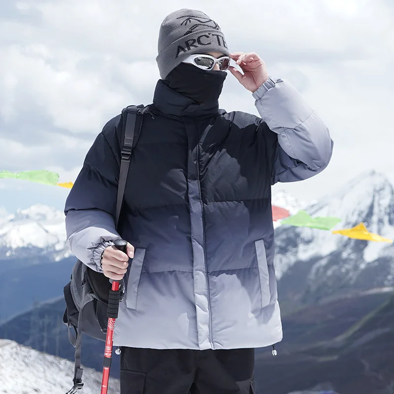Winter Men Down Coat New Fashion Gradient Color Stand Collar Male Jacket Thicken Warm Long Sleeve Zipper Loose Man Outerwear