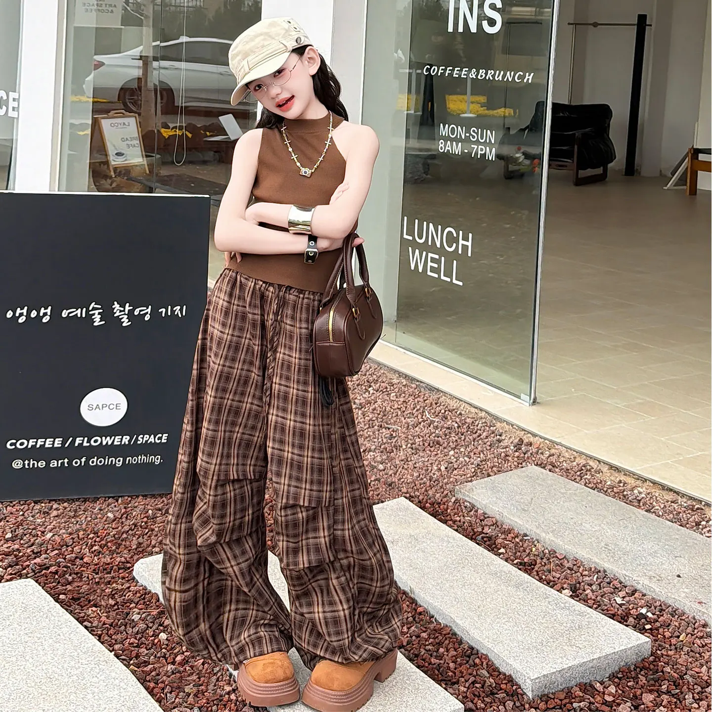 Girls Summer Grunge Outfit, Halter Neck Tank Top Plaid Wide Leg Pants Match Set, Retro Streetwear Casual Suit for Kids 6-14Y