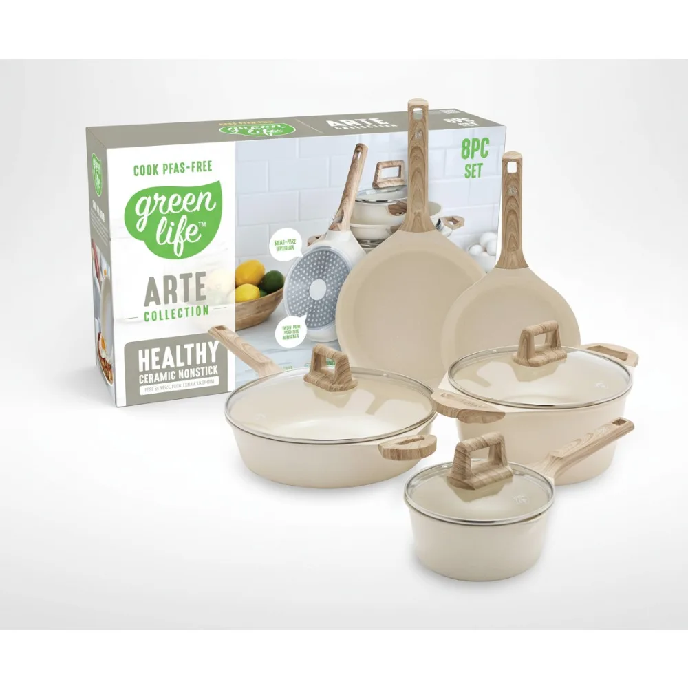 

Набор керамической посуды с антипригарным покрытием из 8 предметов, индукционные безопасные кастрюли и сковороды без PFAS, гранитный крем, можно мыть в посудомоечной машине