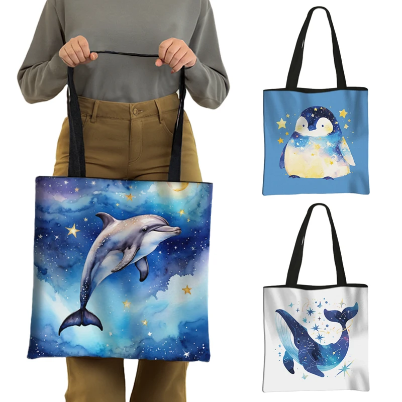 Watercolor Galaxy Dolphin Tote Bags Whale Owl Penguin Stars Women Handbag Sea Animals Shoulder Bags Reusable Eco Shopper Bag