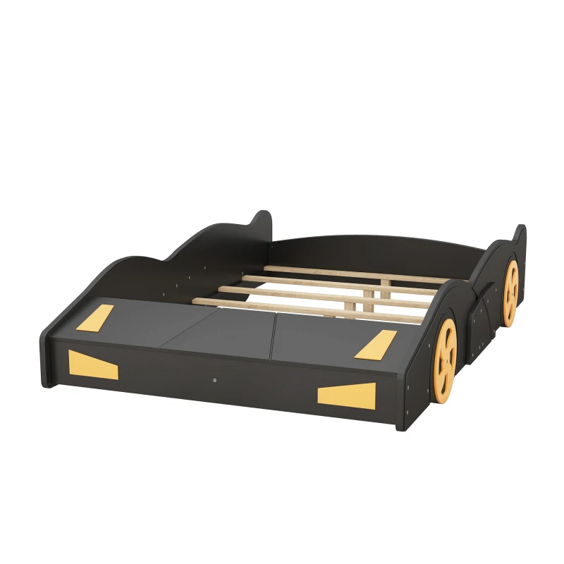 Full Size Race Car-Shaped Plataforma Cama com Rodas e Armazenamento, Preto e Amarelo