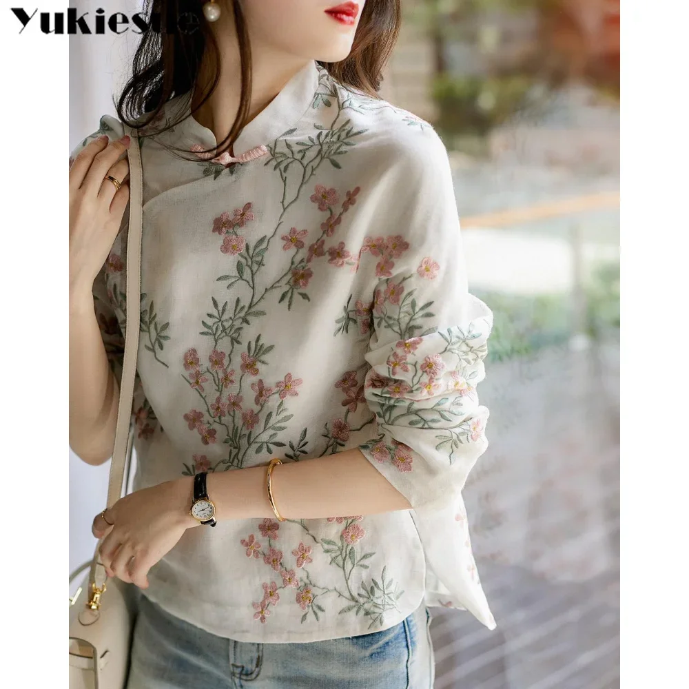 

New Spring Flower Embroidery Chinese Style Harajuku Vintage Tops Female Elegant Tang Suit Blouse Stand Collar Hanfu Women Ethnic