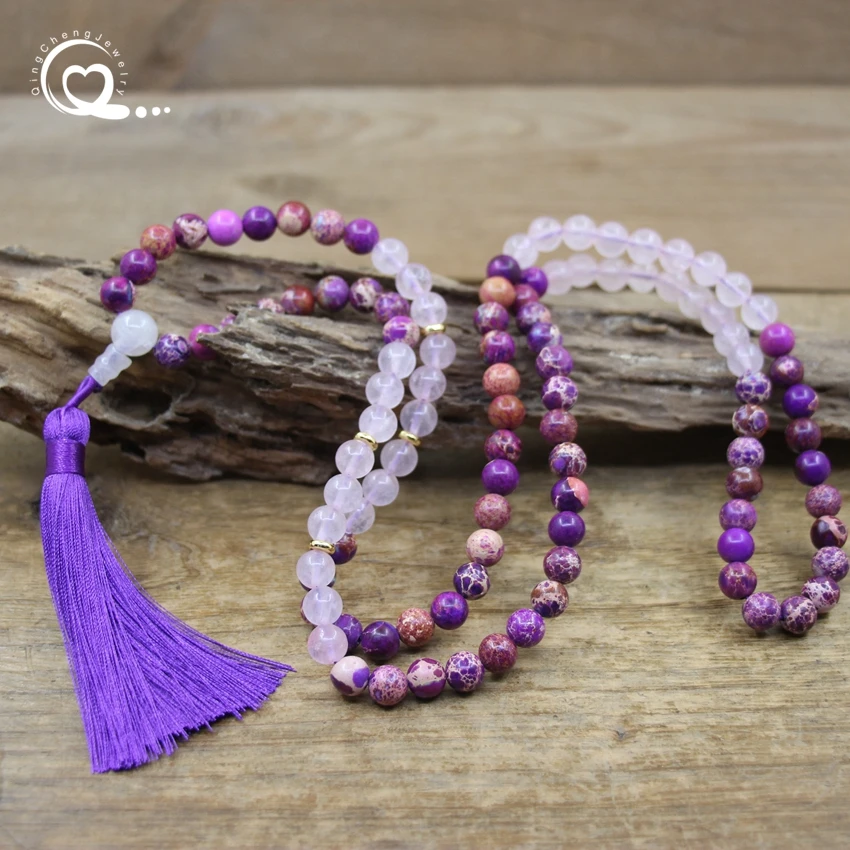 

Purple Imperial Jasper 108 Yoga Mala Necklaces Rose Quartz 8mm Round Beads Tassel Japamala Meditation Prayer Jewelry,QC0166