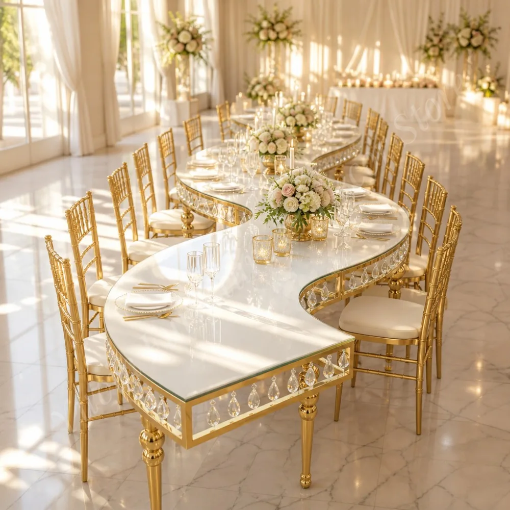 Dining Crystal Decor Stainless Steel Legs Glass Serpentine Table for Wedding