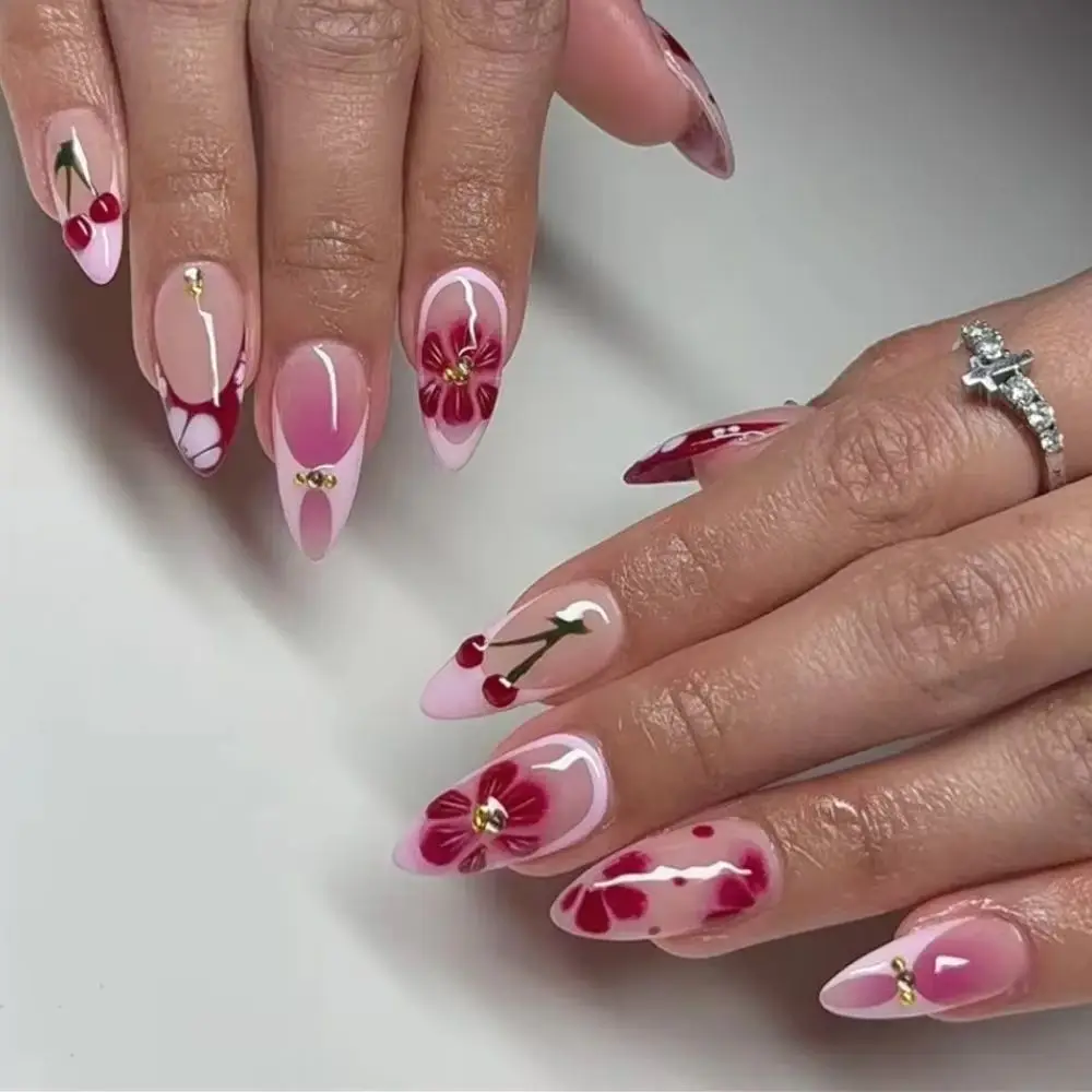 

Cute Red Flowers Cherry Rhinestone Halo Dyeing French Almond Nail Art False Nails Detachable Finished Fake Nails Press on Nails