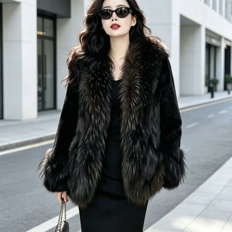Leather Rabbit Fur Jacket Whole Leather Raccoon Fur Collar Autumn and Winter Fashion 2026 Down Liner Oversized Fur Collar Coat