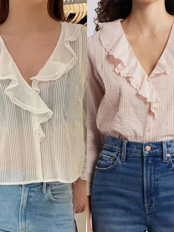 

Lightweight Spring Summer 2026 Lace Patchwork Long Sleeve V-Neck Women's Shirt Bell Sleeve Commute Style Loose Fit Breathable