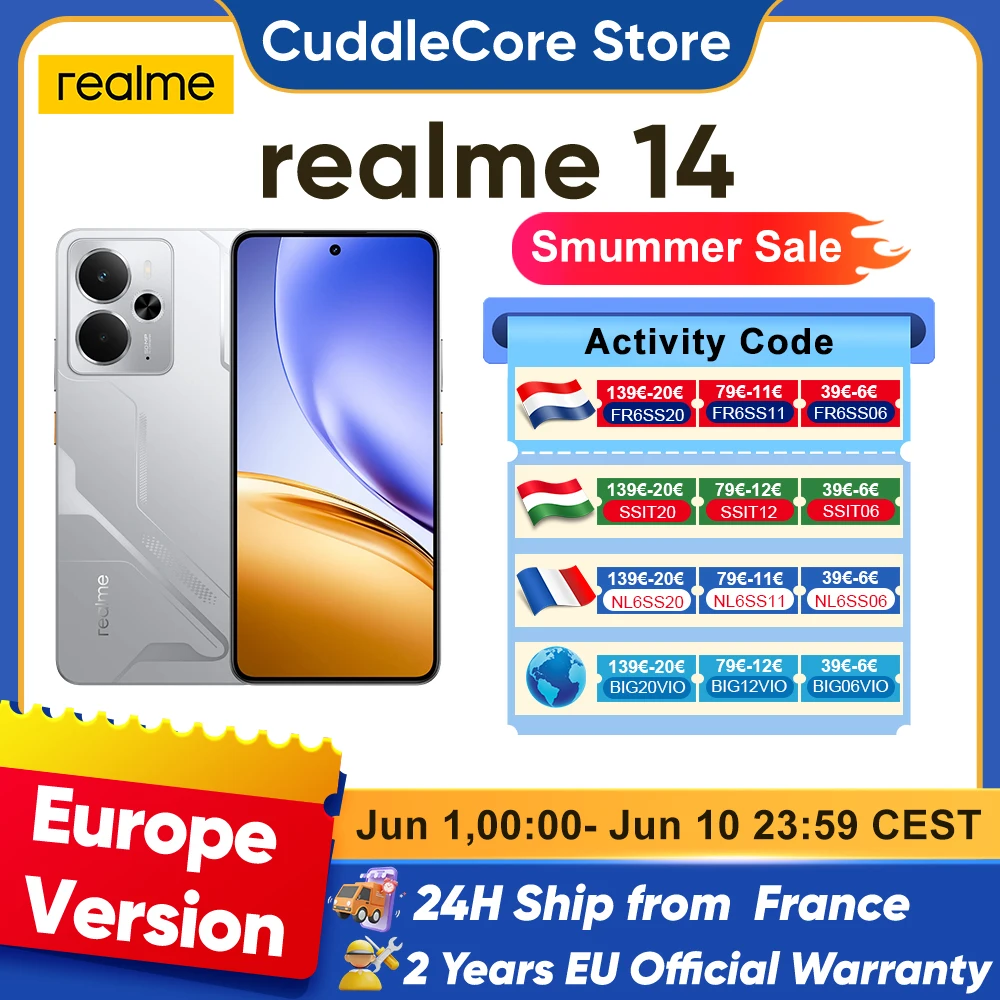 realme 14 5G Smartphone processeur Snapdragon 6 de 4e génération, batterie Titan de 6 000 mAh, écran AMOLED de 6,67 pouces à 120 Hz, recharge rapide de 45 W, appareil photo de 50 Mpx, NFC