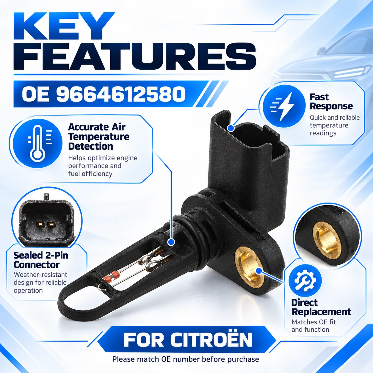 Intake Air Temperature Sensor For Volvo Citroen Ford Peugeot Bipper Expert 308 508 407 607 3008 9664612580 9655432780 96646125