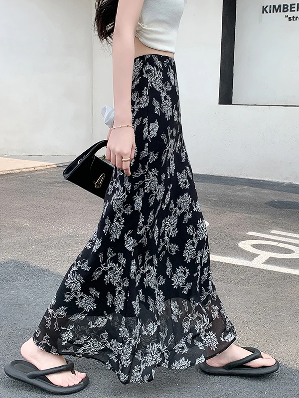 Dames zomer zoete bloemen chiffon zeemeermin rok dame streetwear vakantie hoge taille slanke fishtail lange rok