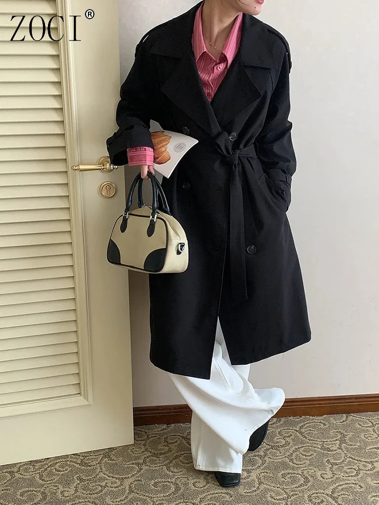 

ZOCI High-end Elegant Trench Women's 2025 Spring New Lapel Double Breasted Belt Gathered Waist Solid Color Coats 2025 New FC1303