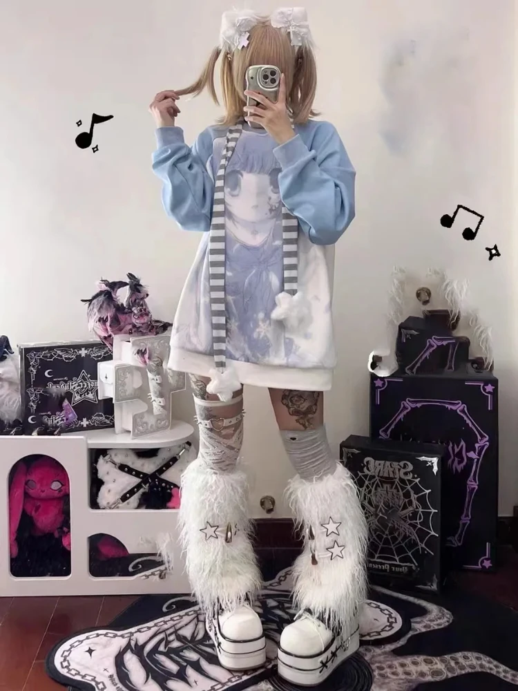 ญี่ปุ่นอะนิเมะพิมพ์เสื้อกันหนาวผู้หญิงฤดูใบไม้ร่วงฤดูหนาว O คอหลวมเสื้อแขนยาว Casual Y2k ความงาม Hoodie Ins