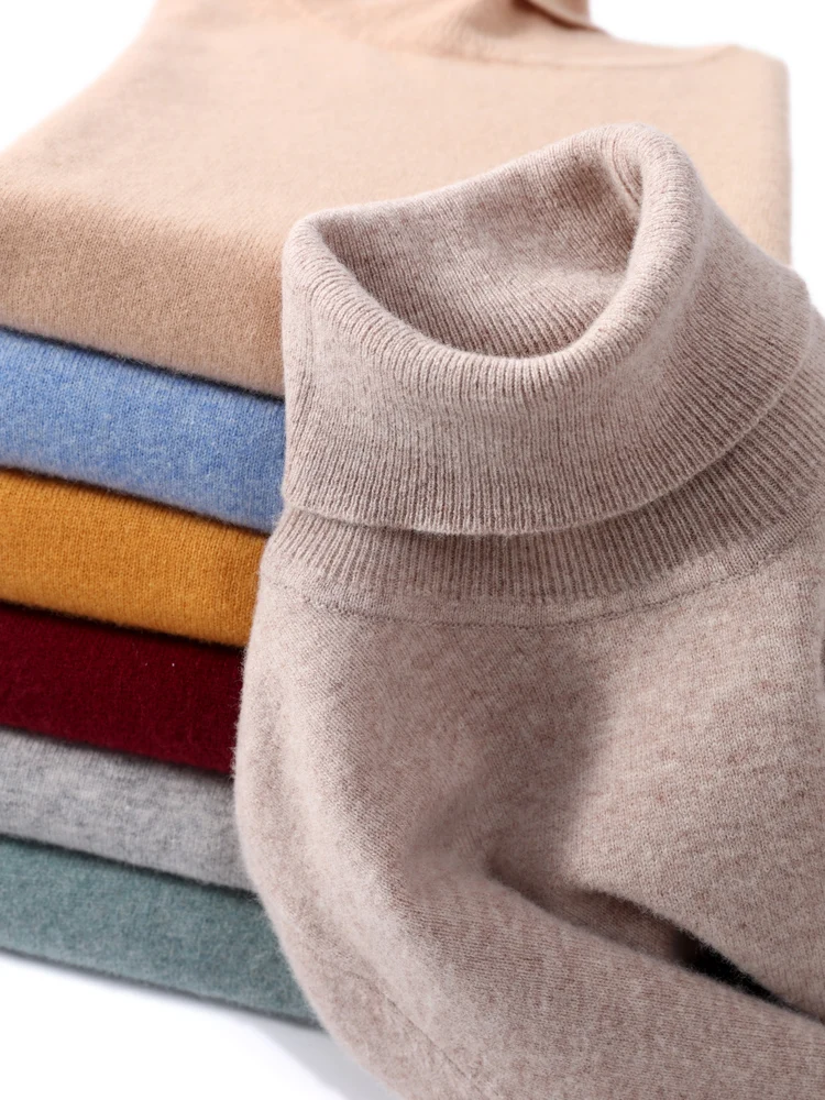 

New Autumn Winter Men's Cashmere Sweater 100% Merino Wool Turtleneck Pullover Large Size Basic Knitwear Soft Casual Top 19 Color