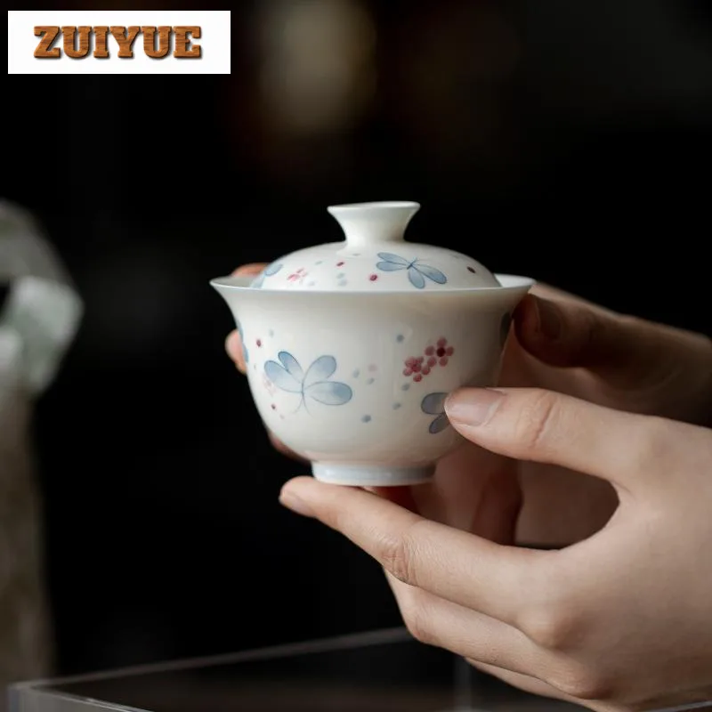 130ml Hand Drawn Buttferfly Cover Bowl Household Underglaze Color Gaiwan Aesthetic Anti Scald Tea Tureen Tea Making Tea Crafts