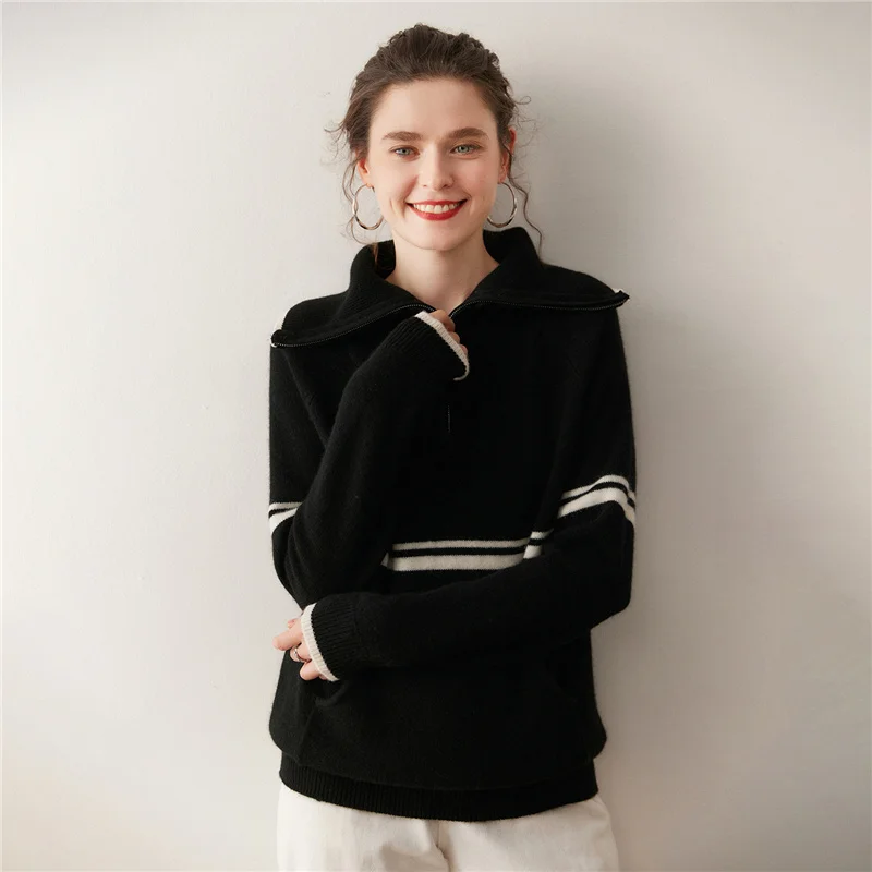 100% Cashmere Women's Sweater Collar Women's Knitted Hoodie Thickened Black Women's Sweater Zipper Women's Sweater