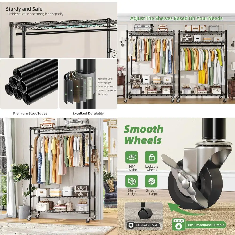 

Прочная вешалка для одежды на колесиках с двойными регулируемыми полками для подвешивания одежды, черная
