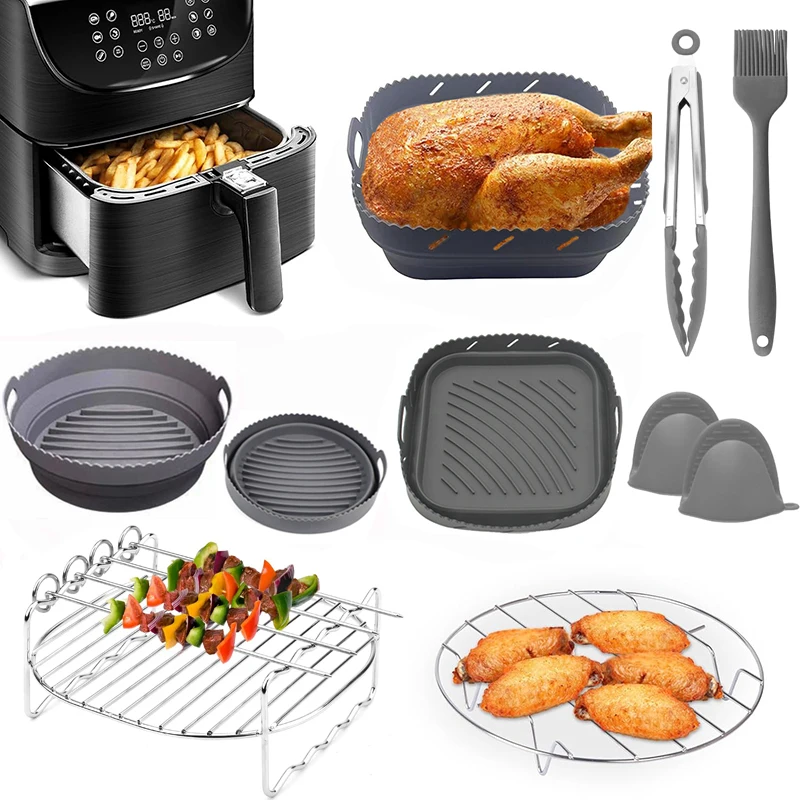Air Fryer Accessories Airfryer Silicone Basket Set Square/Round Grill Rack Oven Cake Baking Mold Tray For Cosori Ninja Philips