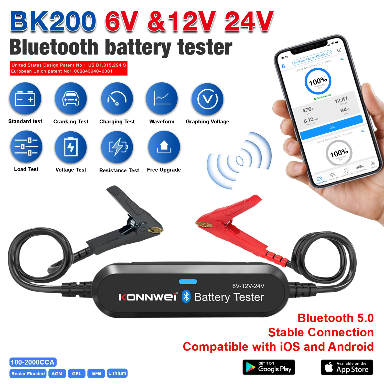 

KONNWEI BK200 Bluetooth 5,0 тестер аккумулятора для автомобиля, мотоцикла, грузовика, 6 В, 12 В, 24 В, анализатор аккумулятора 2000 CCA, инструмент для проверки зарядки