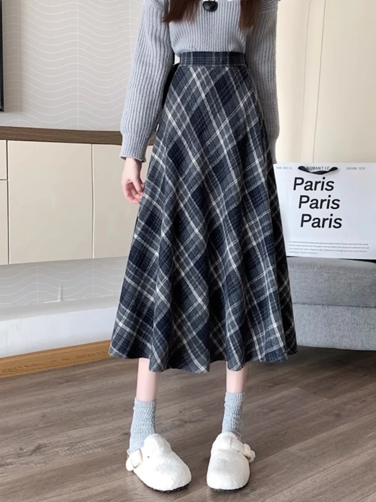 

Academy Style Plaid Skirt Women's Autumn Winter New American Retro Wool Plaid A-Line Umbrella Skirt High Waist Midi Skirt