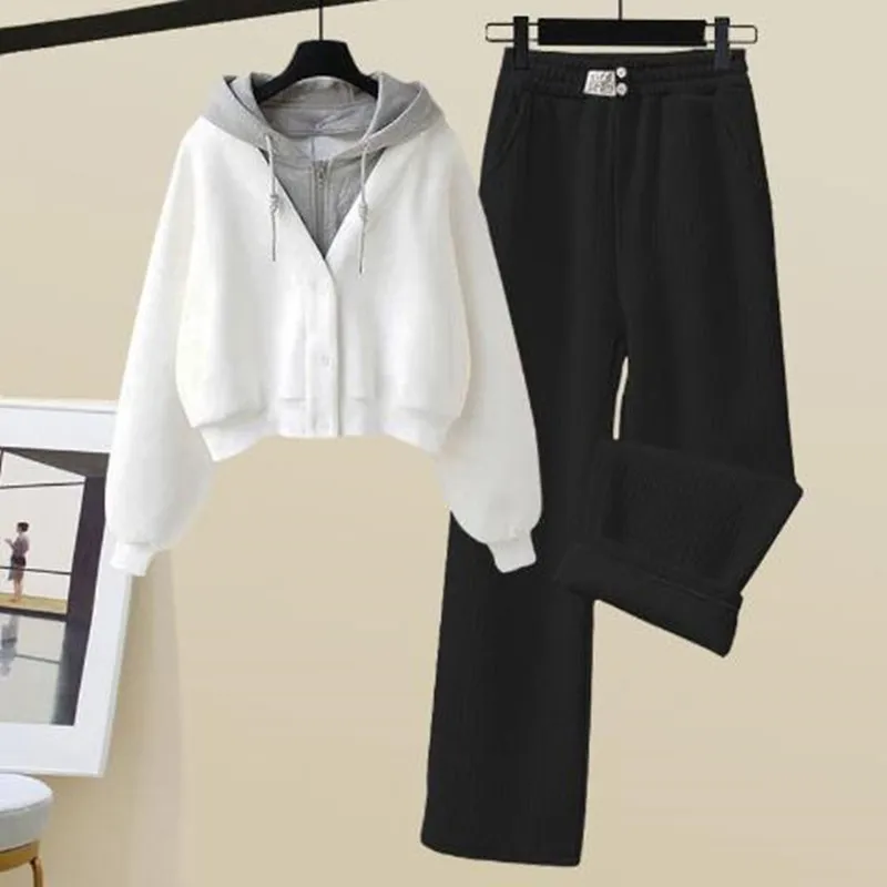 Autumn and winter Korean version new fake two-piece hooded top+casual sports wide leg pants two-piece set