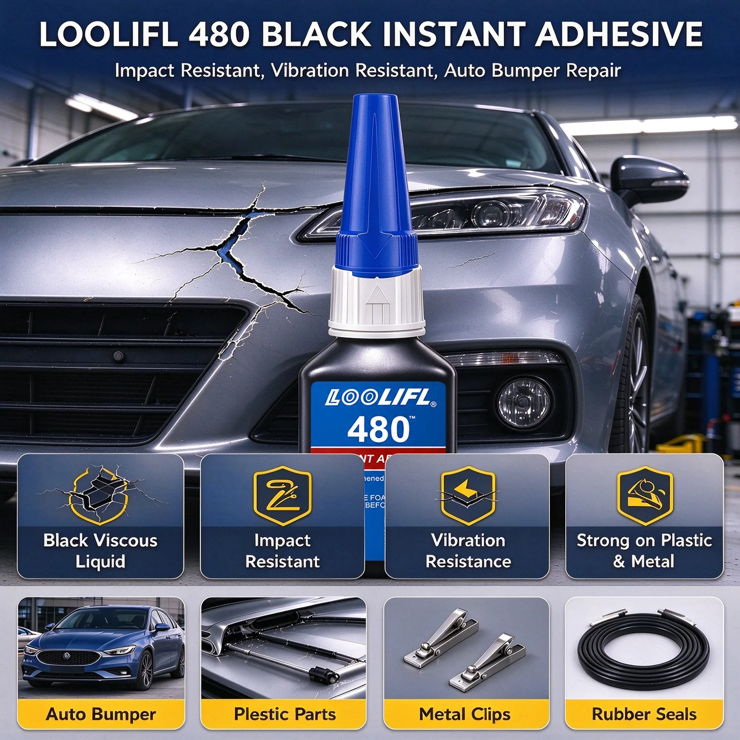 LOOLIFL480 20g Cyanacrylat-Klebstoff, hochtemperaturbeständig, schlagfest, zum Verkleben von Kunststoff, Metall, Gummi für die Reparatur von Autokarosserien und Stoßstangen – Detail 4