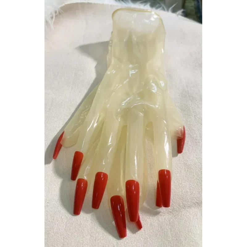 Crossdress Мужской Женский Масло Блестящие Прозрачные Супер Тонкие Латексные Зентаи Длинные Красные Плоские Ногти Фетиш Прозрачные Косплей Перчатки Кигуруми