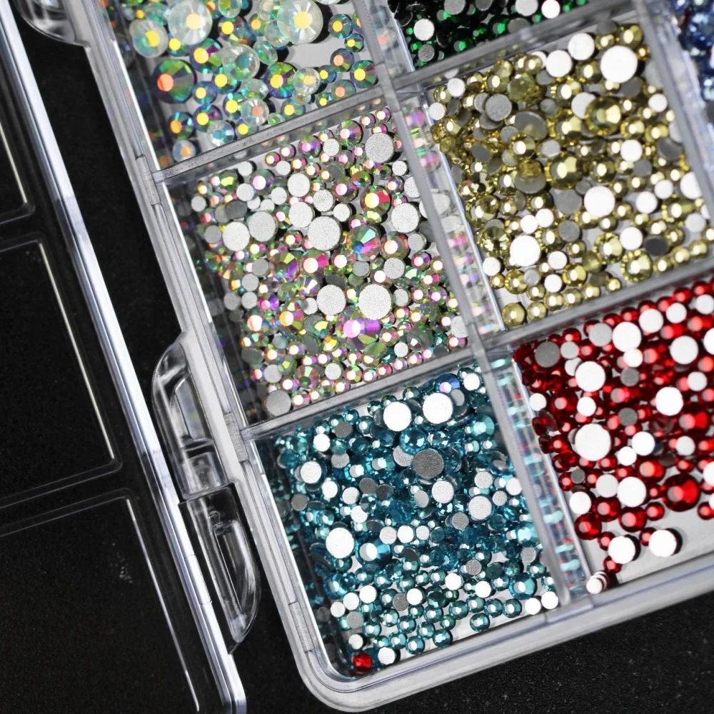 12 شبكة من أحجار الراين الملونة متعددة الأحجام لتزيين الأظافر، كريستال نصف دائري ثلاثي الأبعاد لامع، زخارف مسطحة للمانيكير