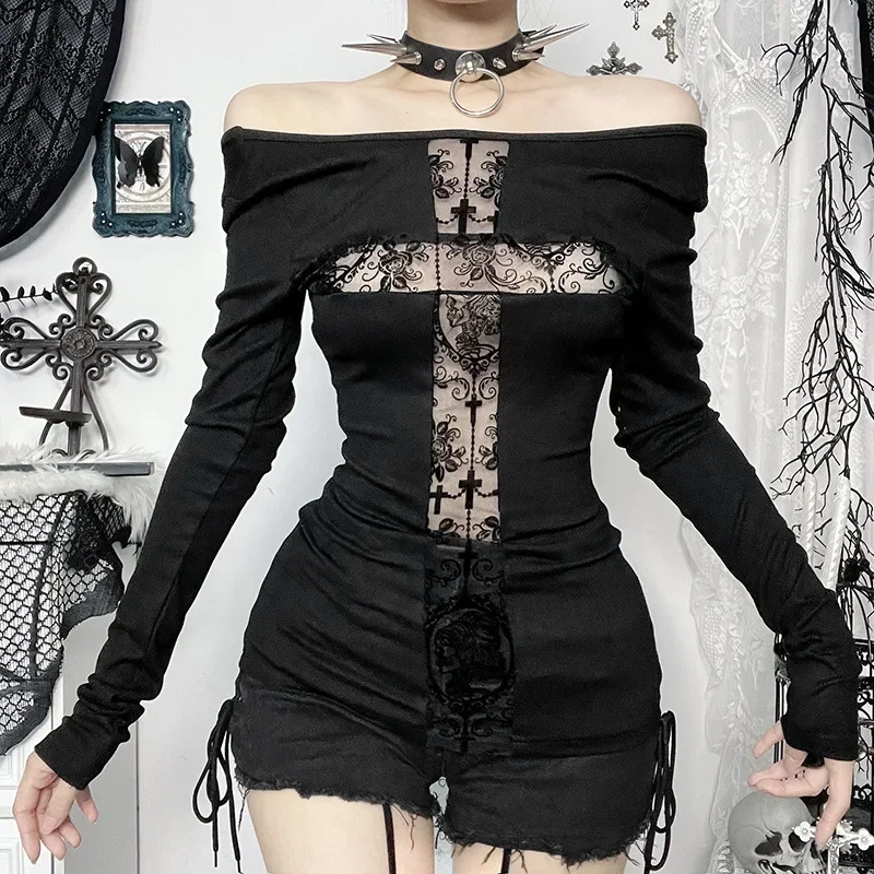 ISAROSE Autumn Lace Tees for Women Gothic Sexy Large See-through Cross Stretch Slash Neck Long Sleeves Multiple Wearing Tops