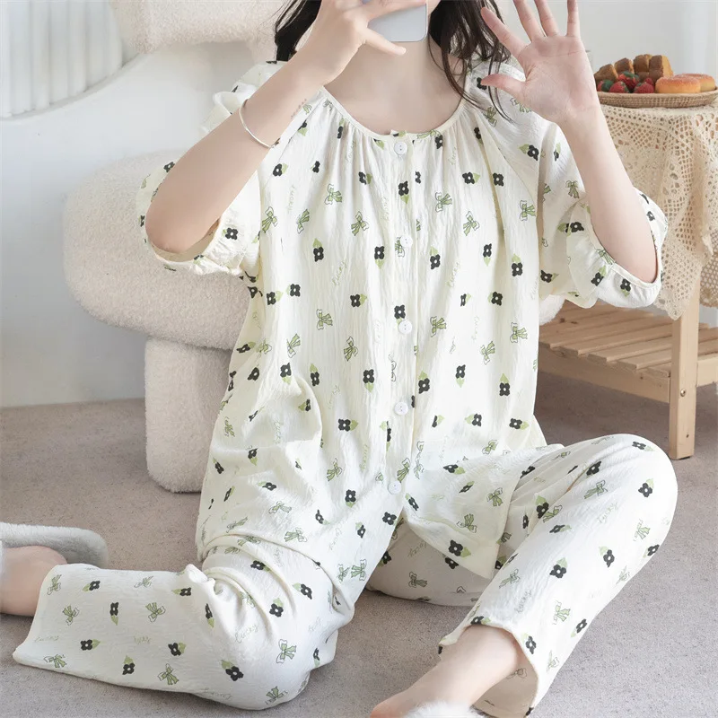 Korean Pajamas Set New Half Sleeve Trousers Suit Women Cotton Sleepwear Clothes Printed Summer Nightwear Home Wear Two Piece