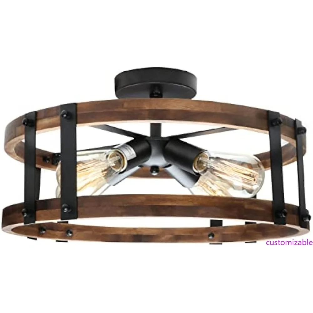 مصباح سقف شبه متساطح على طراز المزرعة الحديثة، تركيبات لظل الطبل الخشبي، إضاءة ريفية لمدخل المدخل #1