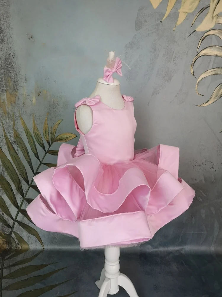 Sweet Pink Satin Flower Girl Dress Deep V Back Sleeveless Large Rhinestone Bow Ruffled Layered Short Skirt For Baby Birthday