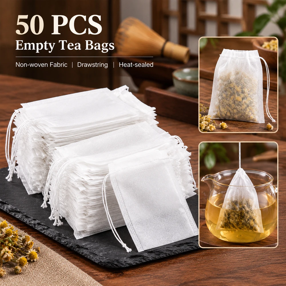 50/100Pcs Loose Tea Filter Bags, Drawstring Non-Woven Pouches for Quick Cup Brewing, No Residue Kitchen Tool