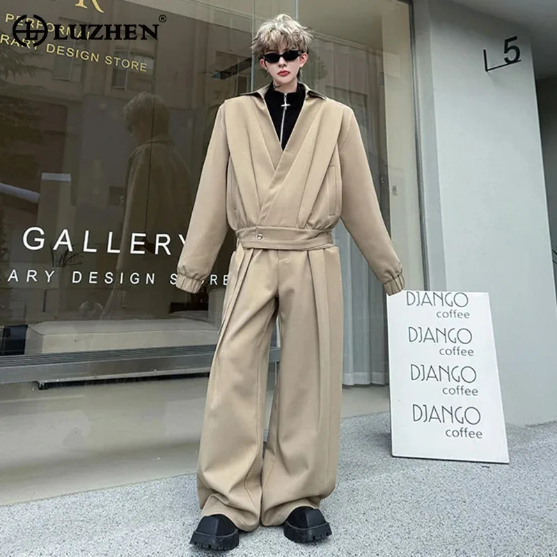 

LUZHEN 2025 Autumn New Two-piece Sets Men's Fashion High Quality Streetwear Solid Color Loose Wide Leg Casual Pants Coat JY4424