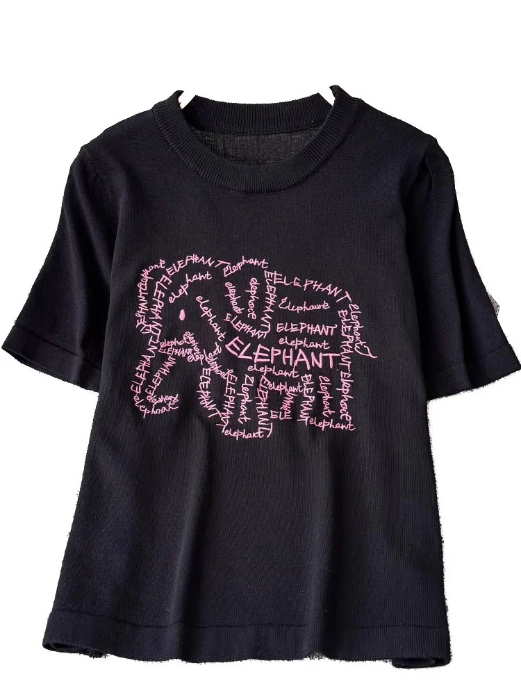 Camiseta con dibujos de elefante para mujer, camisa básica de verano 2025, camisetas de punto de manga corta bordadas, camisetas informales holgadas y ajustadas para mujer