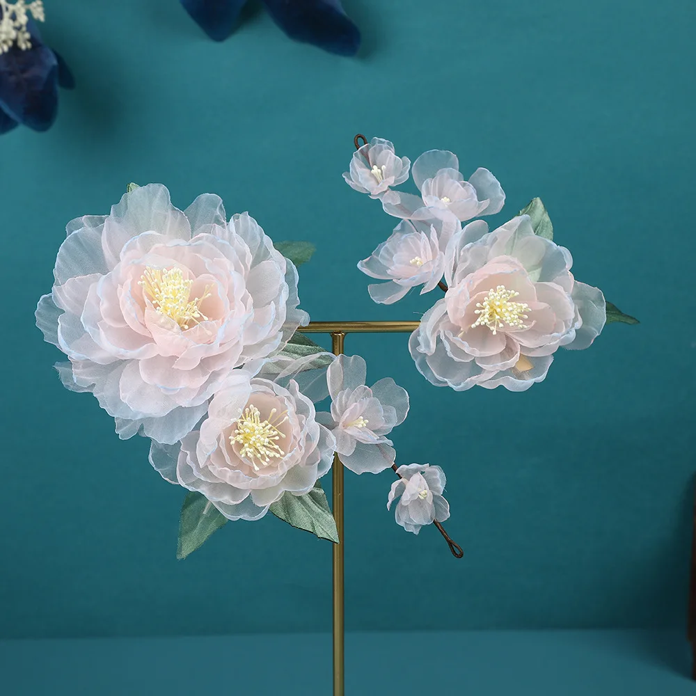 Vintage Hair Clip 1/2pcs Gradient Peony Hairpin Silk Flower Tiaras Chinese Wedding Hair Accessories Handmade Bridal Head Jewelry