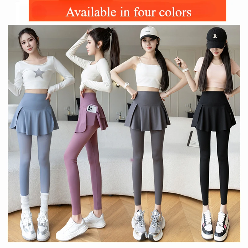 Women Fake Two Pieces Leggings Seamless Fitness Leggings High Waist with Pocket Elastic Slim Fashion Hip Liftting Yoga Pants